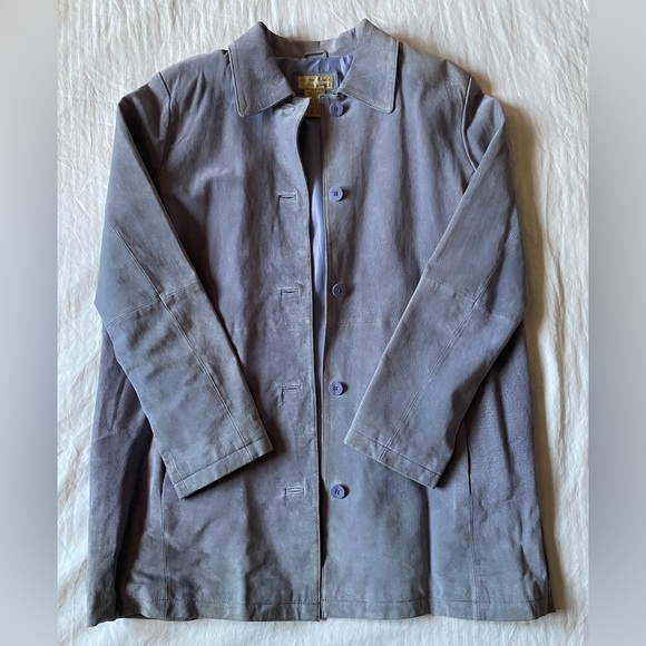 Vintage 90s Suede Button Up Jacket Overcoat, Grey/Periwinkle - Picture 1 of 6